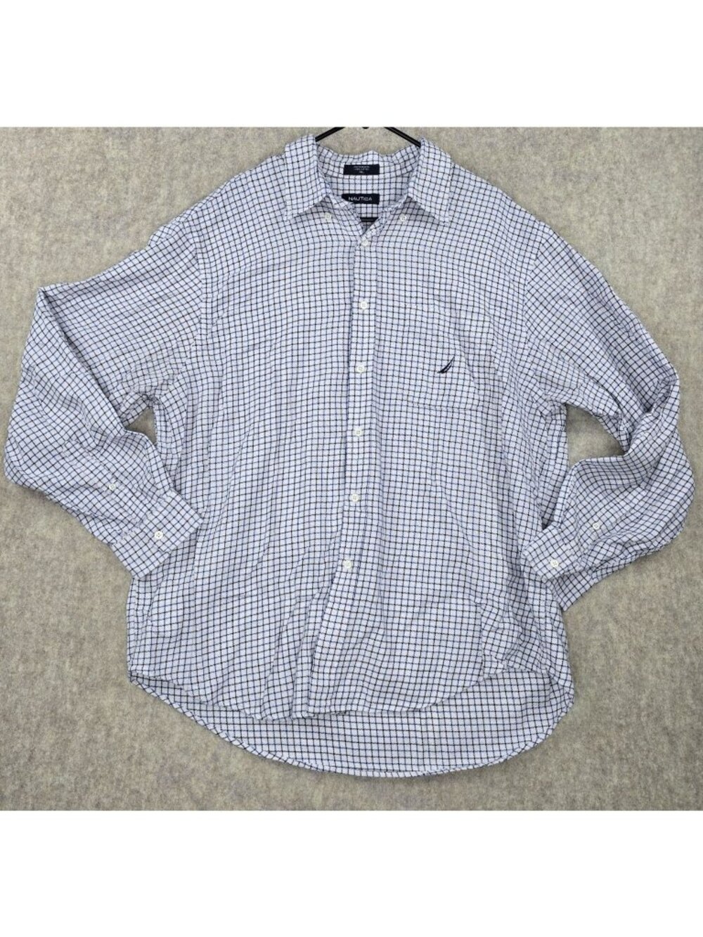 Nautica Men's Button Down Shirt White & Navy Checkered Pattern Size XL Cotton